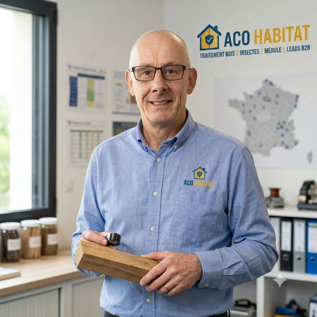 Expert ACO-HABITAT examinant un echantillon de bois avec une loupe dans son bureau